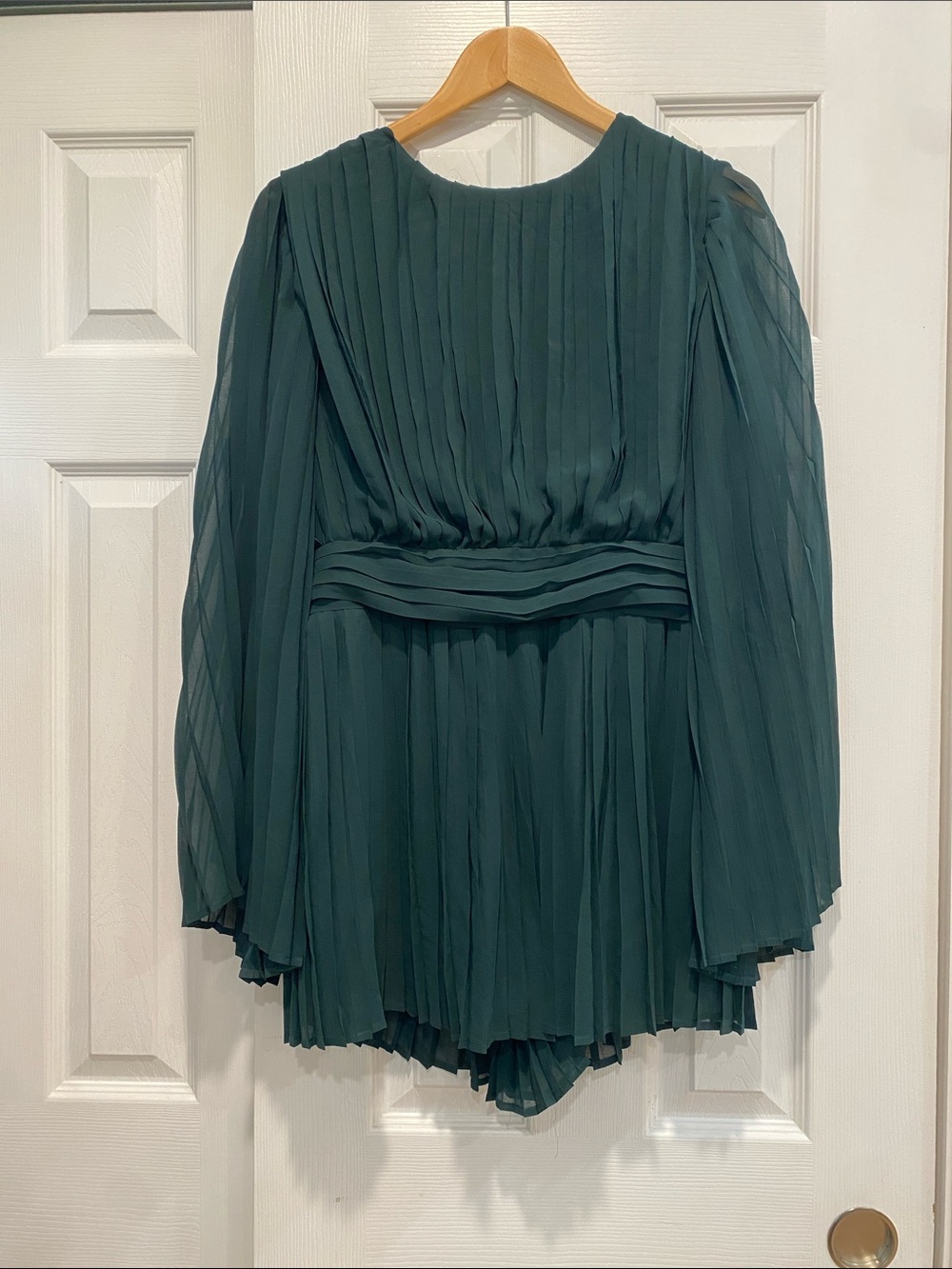 Vici Forest Green Pleated Long-Sleeve Romper